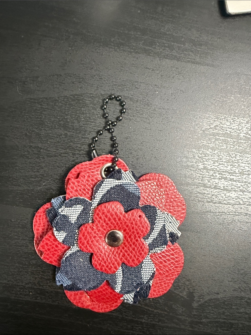Red and Navy Floral Leather Denim Keychain Charm